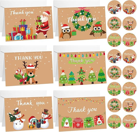24Set Christmas Thank You Card with Envelopes and Stickers Xmas Greeting Cards Gift Box Santa Christmas Tree Thank You Christmas Cards with Envelope Holiday Thank You Card for Xmas Holiday (Cute)