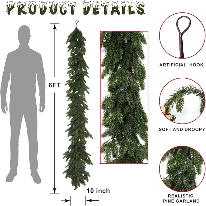 6 Ft Realistic Christmas Garland,Natural Droopy,Soft Bendable Cedar Garland, Lifelike Garland Christmas Decorations,Christmas Garland for Mantle Table Fireplace Stairs Christmas Decorations Outdoor