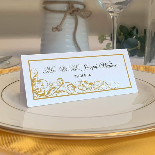 Scribble Vintage Swirl Printable Place Cards, Gold (Choose Color), Set of 60 (10 Sheets), Laser & Inkjet Printers - Wedding, Party, Dinner, and Special Events - Made in the USA