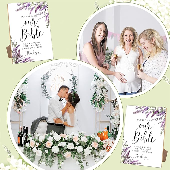 Please Sign Our Guest book, Wedding Guestbook Sign, Lavender Bridal Shower Decorations, Guest Book for Party, Purple Floral Wooden Sign with Stand for Wedding Reception And Bridal Party Decor, 29