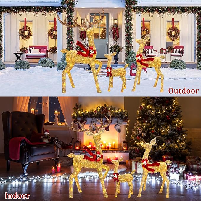 2025 New 3D 58 Inch Outdoor Lighted Reindeer Decorations, 3-Piece Christmas Deer Family Set, Large Christmas Deer Decoration with 210 LED Flashing Lights for Yard, Lawn, Gold