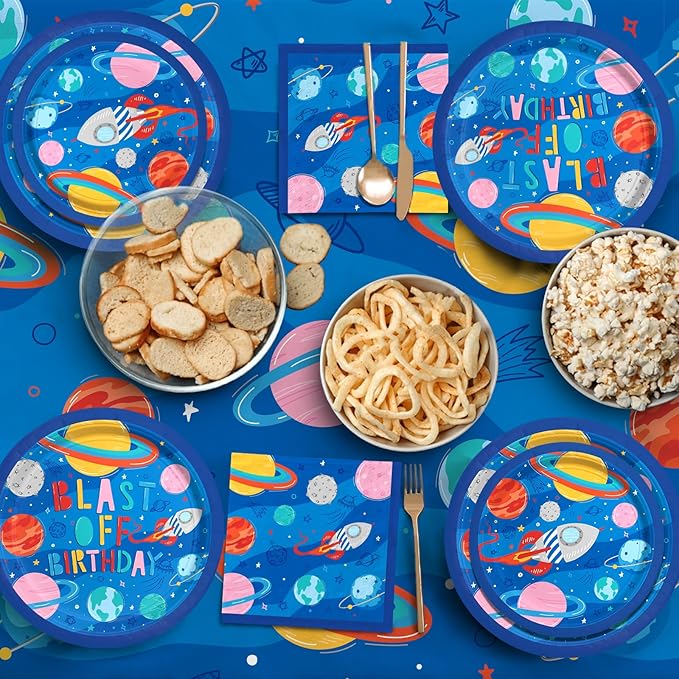 Outer Space Party Supplies - Solar System Planet-Themed Disposable Paper Plates, Napkins, Cups, Tablecloth, and Banner: Ideal Galaxy Space Birthday Decorations for Party of 25