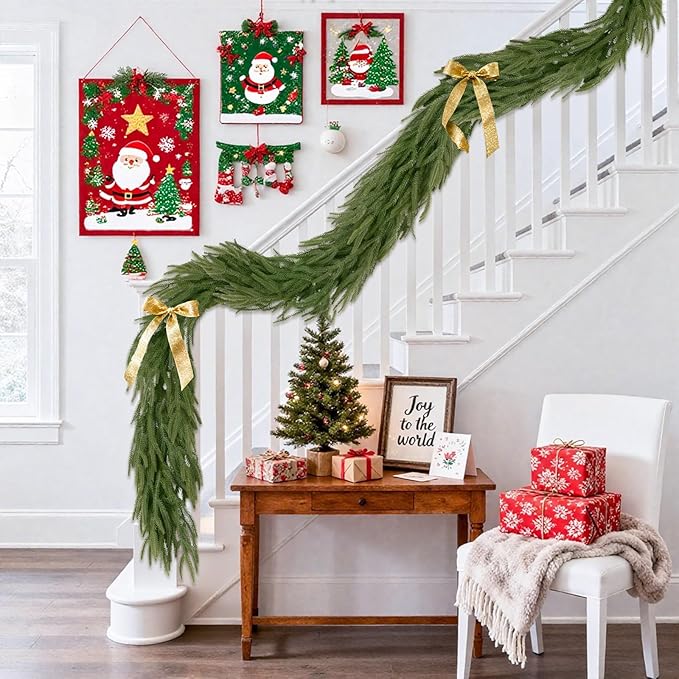 U'Artlines 1Pcs Christmas Norfolk Pine Garland, 9 Ft Xmas Faux Greenery Garland Real Touch Winter Cedar Garlands for Table Stairs Mantle Fireplace Holiday Decoration