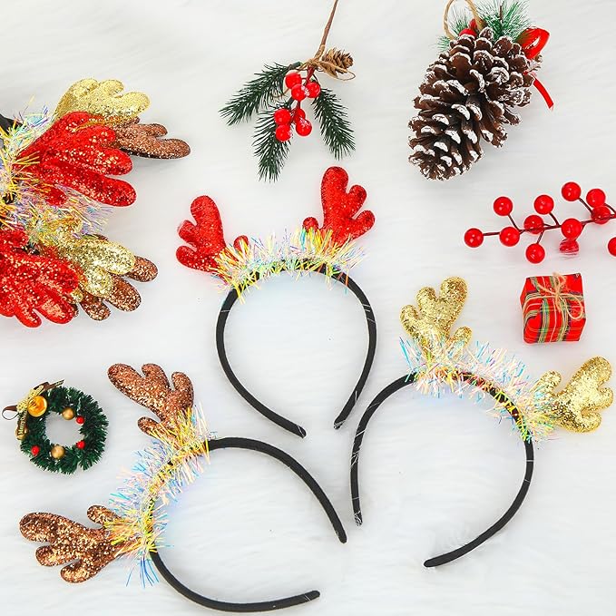 Riceshoot 30 Pcs Christmas Reindeer Antlers Headband Bulk Deer Antlers Headbands with Ears Deer Costume for Women Halloween Party Favors Supplies