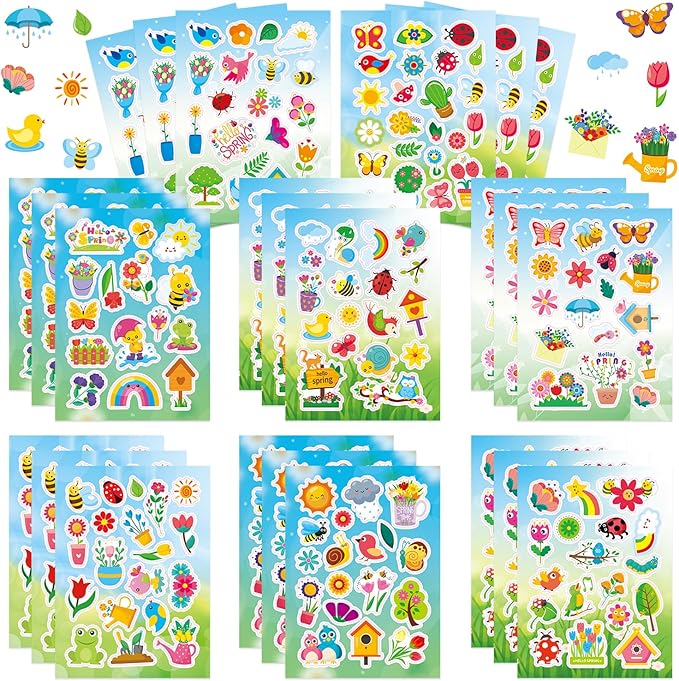 24 Sheets Spring Stickers for Kids, 444 Pcs Spring Garden Flower Stickers Bulk Preschool Sticker Sheets for Reward Craft Scrapbooking Water Bottles Gifts Bags Cards Envelopes Decor