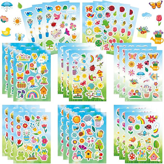 24 Sheets Spring Stickers for Kids, 444 Pcs Spring Garden Flower Stickers Bulk Preschool Sticker Sheets for Reward Craft Scrapbooking Water Bottles Gifts Bags Cards Envelopes Decor