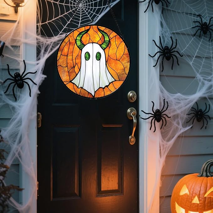 Stained Glass Window Hanging - Halloween Decoration Fantasy Green Horned Ghost Suncatcher for Door Garden Spooky Sun Catchers Gothic Decor Horror Gifts for Women Men Friend Boy Girl 11.8 in