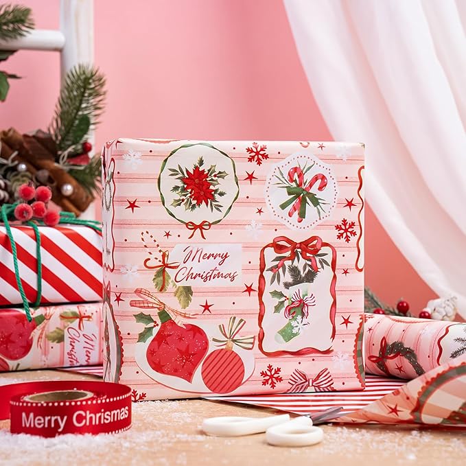 WRAPAHOLIC 30 Inch Jumbo Reversible Christmas Wrapping Paper - 30 Inch x 33 Feet - Pink & Red Classic Christmas Decor and Stripes Wrapping Paper for Xmas Holiday, Party Celebration