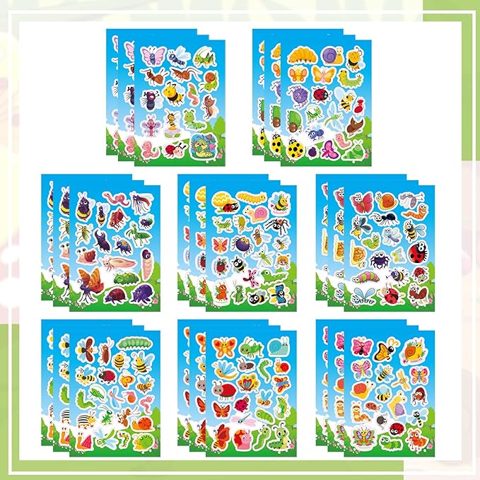 24 Sheets Cute Bug Insect Stickers for Kids, 462 Counts Lovely Insect Stickers Bulk Sheets for Reward Scrapbooking Water Bottles Gifts Bags Cards Envelopes Decor