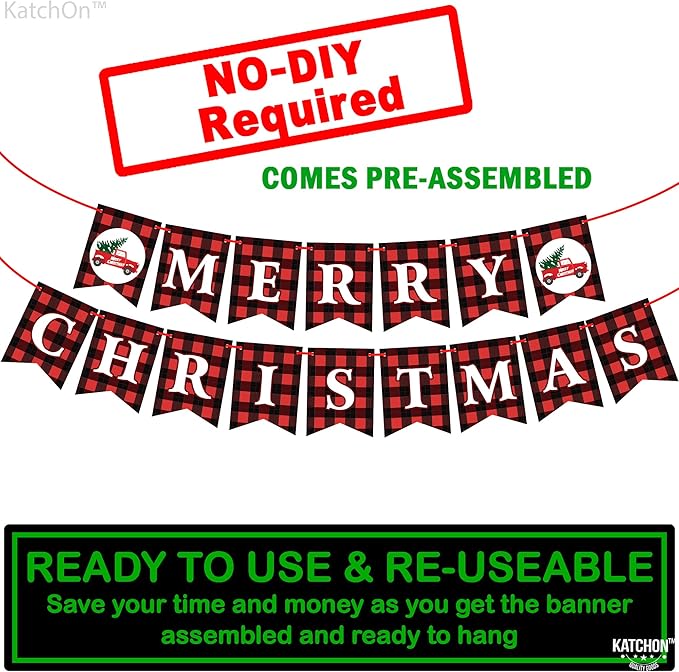 KatchOn, Merry Christmas Banner for Mantle- Large, 10 Feet, No DIY | Red and Black Christmas Fireplace Banner | Buffalo Plaid Christmas Decorations | Merry Christmas Sign | Christmas Party Decorations