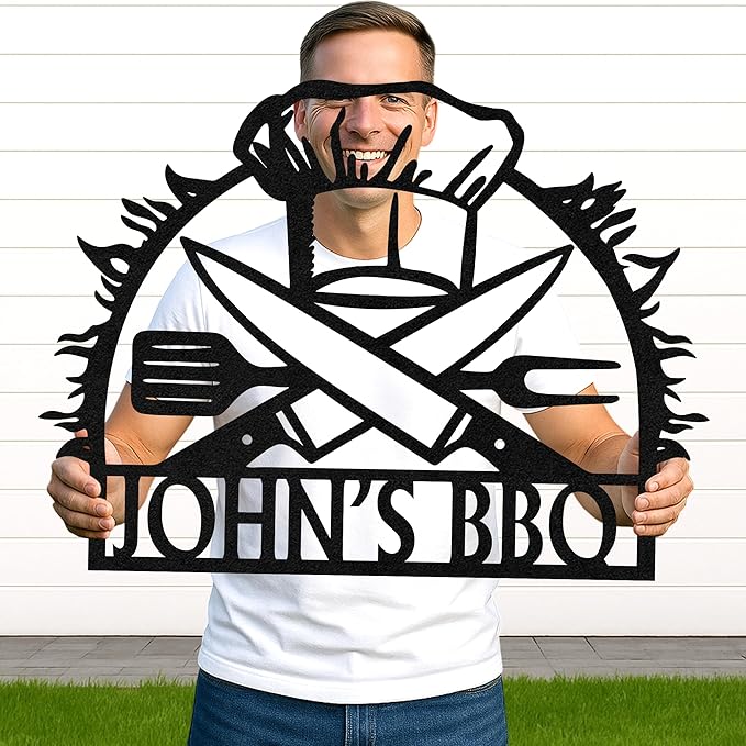 Custom BBQ Grill Metal Sign Personalized Name Wall Art for Outdoor Barbecue Patio Kitchen Backyard Decor Gift for Dad Husband Men Papa Grandpa Father Grilling Enthusiasts Family Lover Funny Gifts 21
