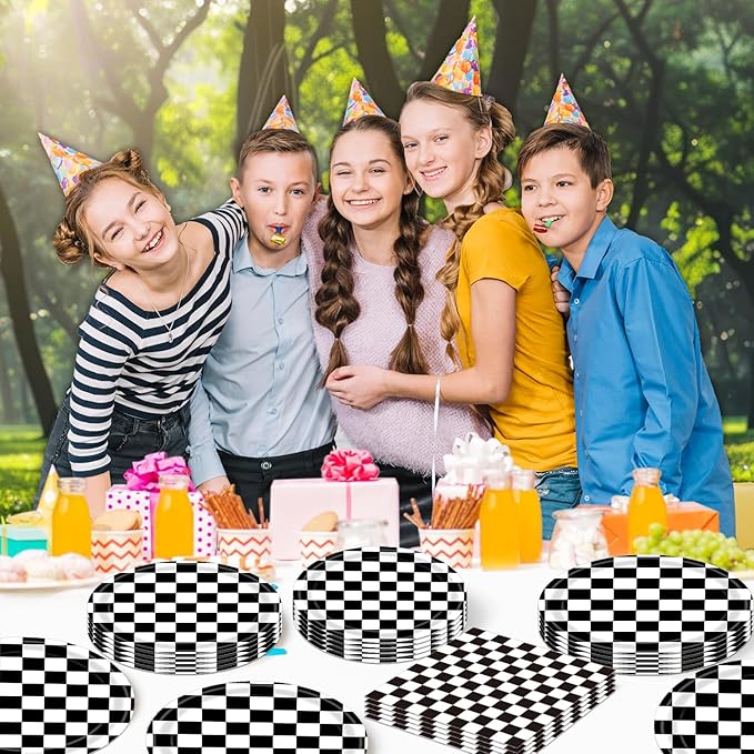 40 Pcs Race Car Birthday Party Decorations - Black and White Checkered Plates and Napkins for 20 Guests, Disposable Tableware Supplies for Birthdays, Game Day, and Racing-Themed Parties