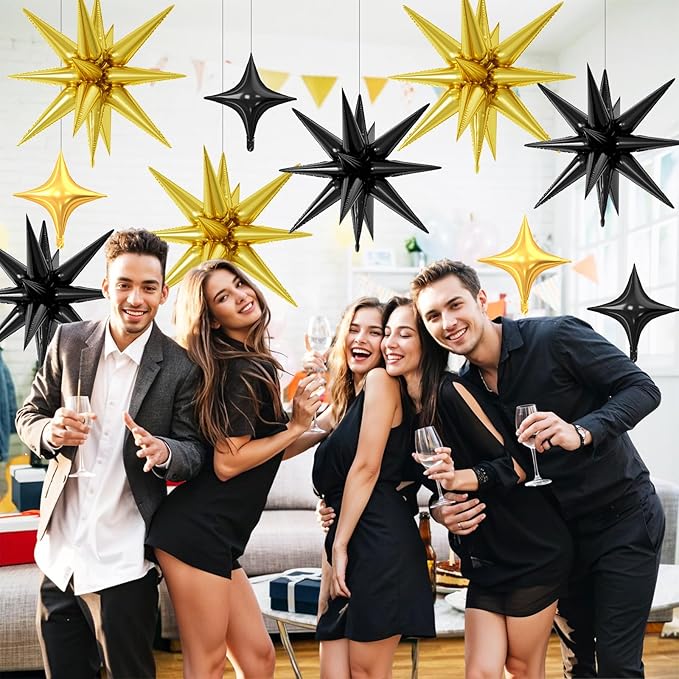 18 Pcs Black Gold Star Balloons, Gold and Black Balloon with 6 Pcs 22-Inch Explosion Star Balloons 12Pcs 10-Inch Four Pointed Stars Foil Balloon for Anniversary Disco Birthday Party Decorations