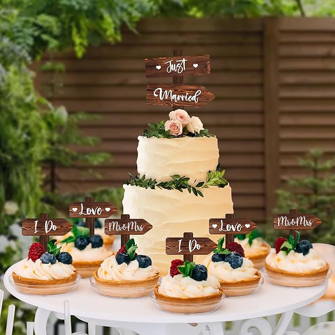Rustic Wedding Decoration Set Just Married Cake Topper & 12 PCS Cupcake Toppers & Banner & Mr Mrs Table Sign in Wood