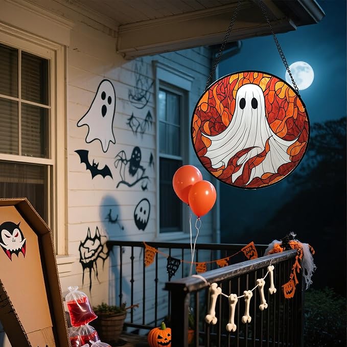 Stained Glass Window Hanging - Halloween Decorations White Ghost Orange Sky Suncatcher for Doors Garden Funny Spooky Sun Catchers Gothic Decor Horror Gifts for Women Men Friend Boy 15 in