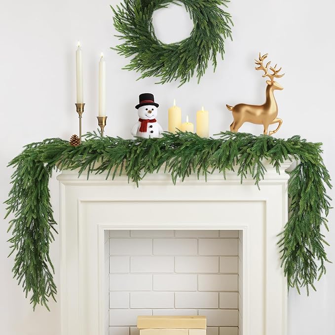 4Pcs Christmas Norfolk Pine Garland, 6FT Real Touch Faux Green Garlands, Winter Artificial Greenery Garland for Mantle, Table, Stairs, Fireplace, Indoor & Outdoor Xmas Decorations
