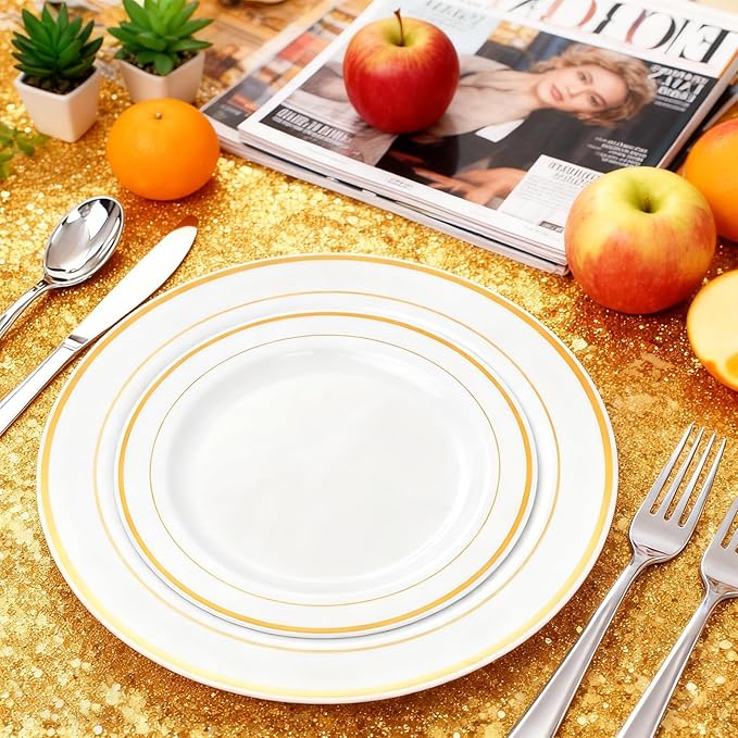 MENDENG 50PCS Gold Rim Plastic Plates for Party, 25x10.25 Dinner Plates & 25x7.5 Dessert Plates, Heavy Duty Disposable Plastic Plates for Wedding Party Thanksgiving Birthday