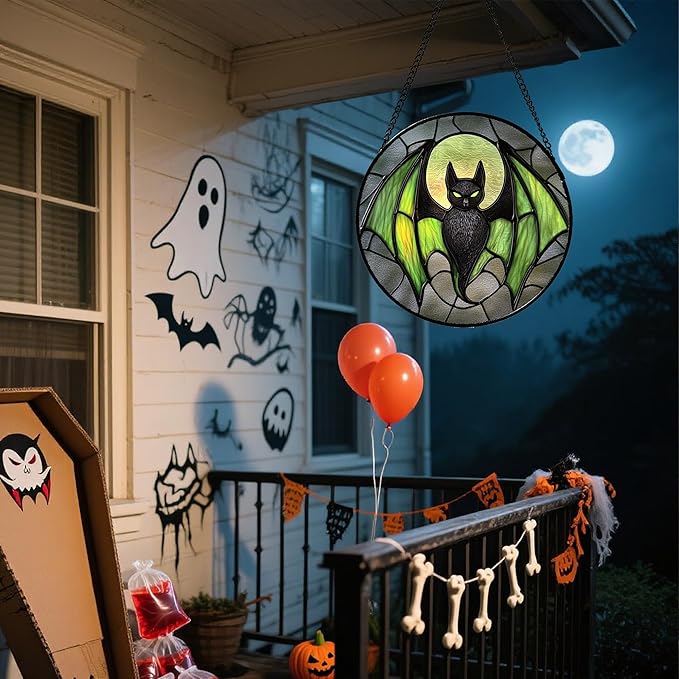 Stained Glass Window Hanging - Halloween Black Bat Green Wings Monster Suncatcher for Doors Garden Home Spooky Sun Catchers Gothic Decor Horror Gift for Women Men Friend Boy Girl 6.3 in