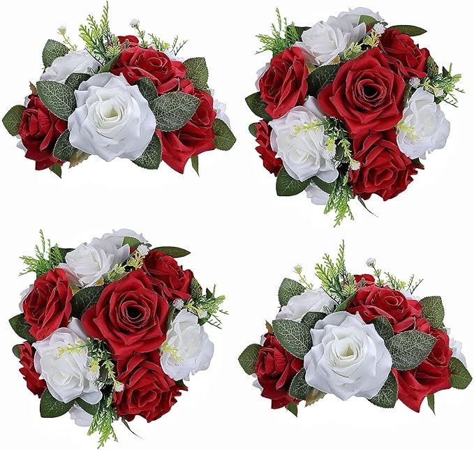 Artificial Flowers Ball 4 Pcs Red White Flowers Wedding Table Centerpiece Table Decorations Flower Arrangement for Table Flowers centerpieces Wedding Flowers Wedding centerpieces