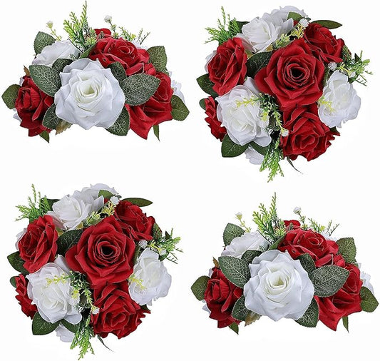 Artificial Flowers Ball 4 Pcs Red White Flowers Wedding Table Centerpiece Table Decorations Flower Arrangement for Table Flowers centerpieces Wedding Flowers Wedding centerpieces