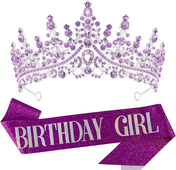 VELSCRUN Birthday Tiara Crowns for Women Girls Crystal Birthday Girl Headband Sash Elegant Princess Crown Happy Birth Party Decorations Women Sisters Birth Gift Hair Accessories
