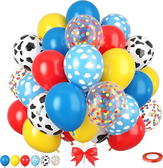 Carnival Party Balloons, 50pcs Toy Balloons, Red Yellow Blue Balloons Cow Print and Sky Blue Cloud Balloons for Carnival Circus Theme Birthday Party Baby Shower Wedding Decorations