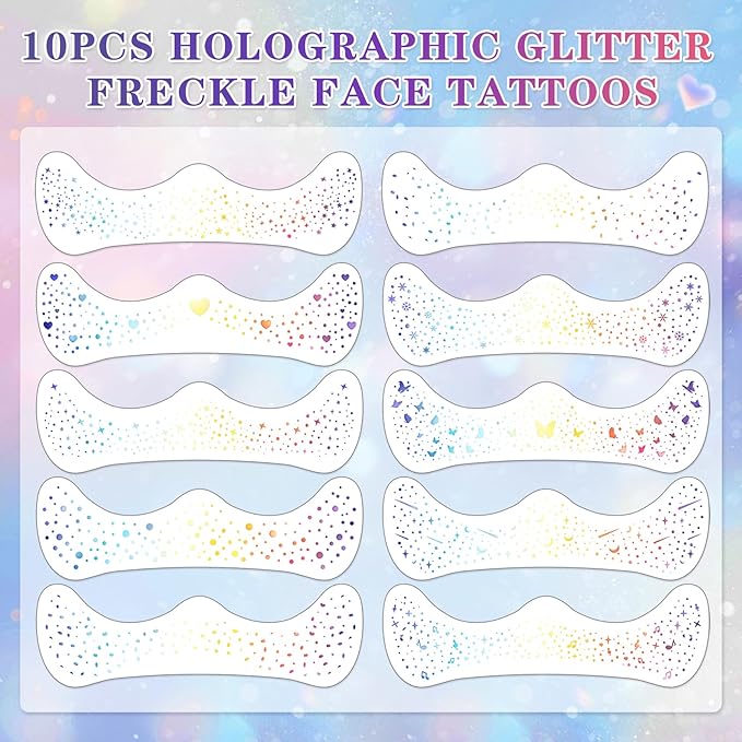 10PCS Holographic Multicolor Glitter Freckles Face Tattoos, Sparkle Freckles Makeup Patches, Long Lasting Waterproof Face Glitter Temporary Tattoos