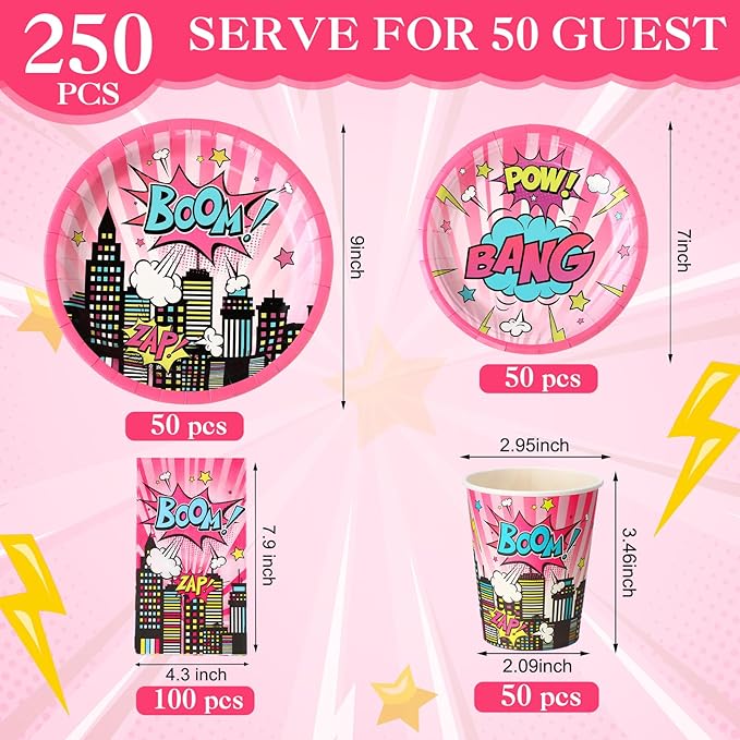 250 Pcs Girl Hero Birthday Decoration Pink Comic Girl Hero Paper Plates Napkins and Cups Power Halloween Theme Party Tableware for Birthday Baby Shower Party Supplies, Serves 50
