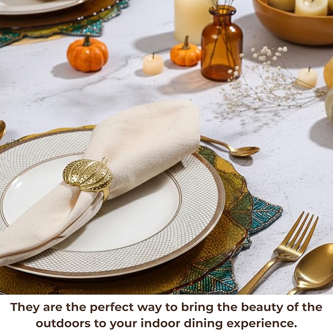 Napkin Rings Set of 12 - Pumpkin Elegant Napkin Holders Modern Serviette Buckles Metallic Adornment for Table Settings for Thanksgiving, Fall, Halloween & Holiday (Antique Gold) - CLEENTABLE
