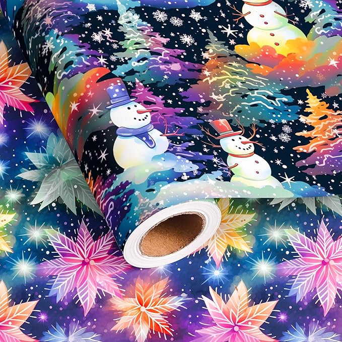 Vnaaem Chrismas Wrapping Paper Roll for Kids Boys Girls - Cute Rainbow Xmas Gift Wrap with Snowman Snowflake Design for Holiday Winter Birthday DIY Craft Party(Total 28.5sq.ft)