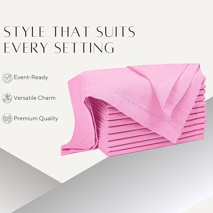 Palisa Pink Dinner Napkins with Hemstitched Detailing Set of 12 18x18 Inch – Cotton Cloth Soft Reusable Napkins for Summer, Restaurant, Table Linen for Weddings & Everyday Use – Pink Color