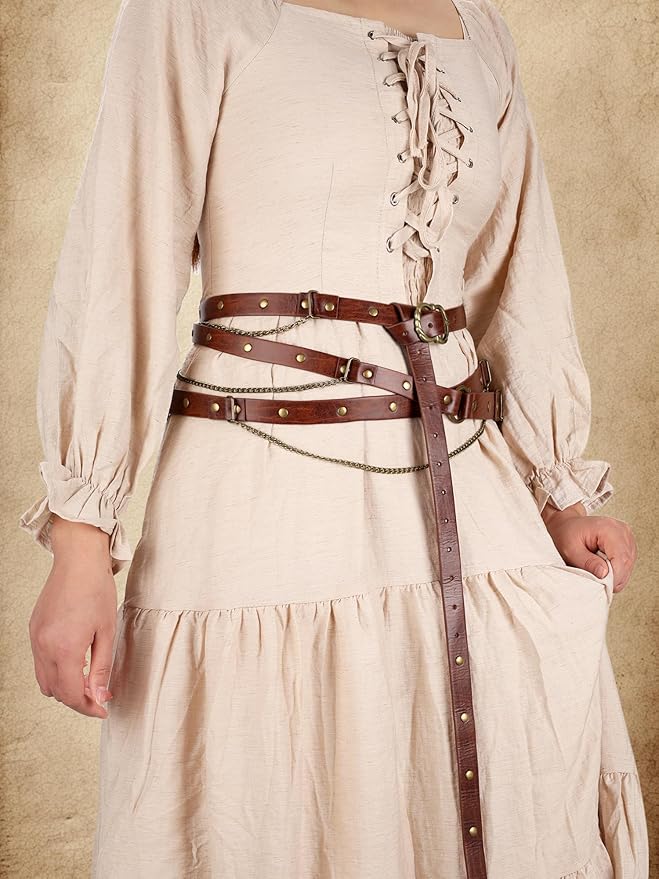 Ultrafun 3pcs Renaissance Belt Accessories Faux Leather Medieval Viking Chain Belt Bag Skirt Hike Ren Faire Costume