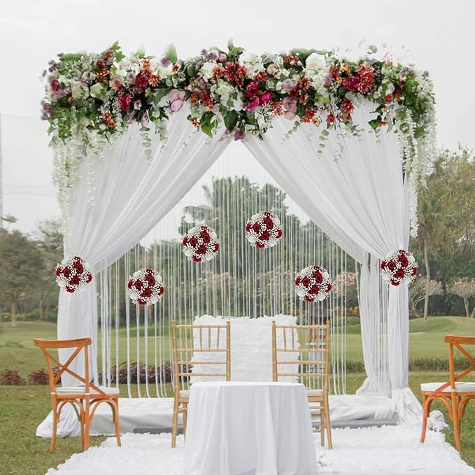 BLOSMON Fake Flowers Ball Wedding Centerpieces 2 Pcs Crimson Rose Babys Breath Artificial Flowers Center Pieces Decoration for Table Silk Kissing Floral Bouquet Arrangements for Home Party DIY Decor