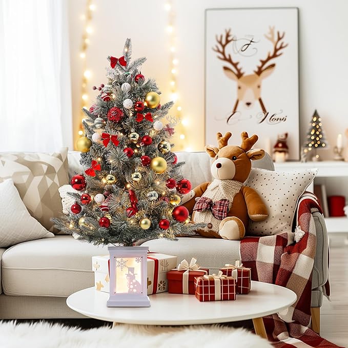 GarveeHome 3ft Prelit Christmas Tree with 78 Warm Lights & Red Berry, Artificial Xmas Trees with Snowman Light Box Base, for Home, Office, Fireside Christmas Decoration, Set of 1