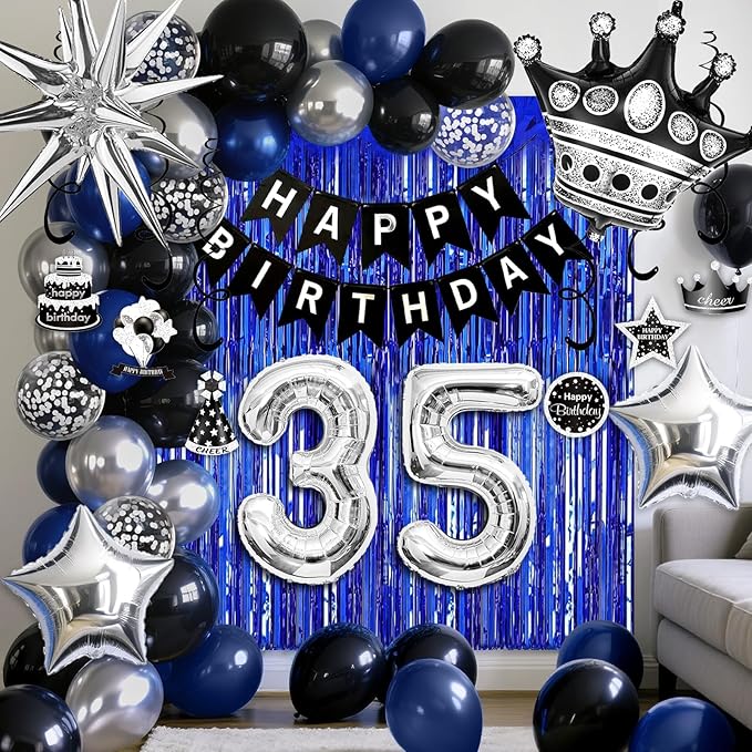 35th Birthday Decorations for Men and Women, Black Blue Silver Happy Birthday Number 35 Balloons, Banner, Fringe Curtains Garland Kit - 35 Year Old Party Supplies