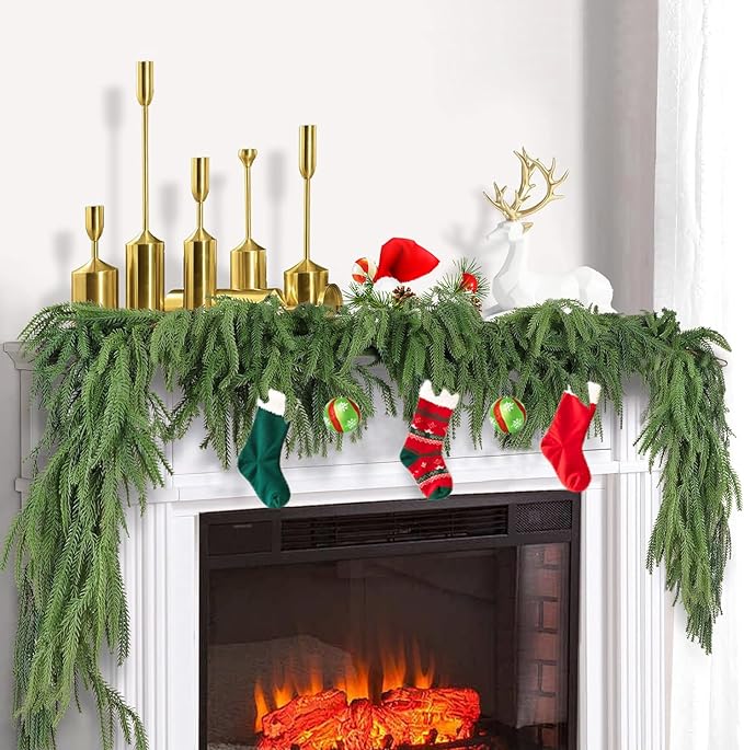 2 Pcs Artificial Norfolk Pine Garlands, Christmas Real Touch Winter Pine Garland, Green Artificial Greenery Cedar Garland for Mantle, Table, Wall, Indoor, Outdoor Christmas Decorations