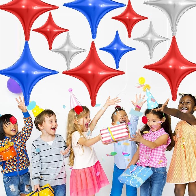 Red Blue Silver Star Balloons,12Pcs Four Angle Star Foil Balloons,26Inch and 10Inch Red Blue Quadrangle Helium Balloon for 4th of July Independence Day Patriotic Birthday Usa Party Decorations
