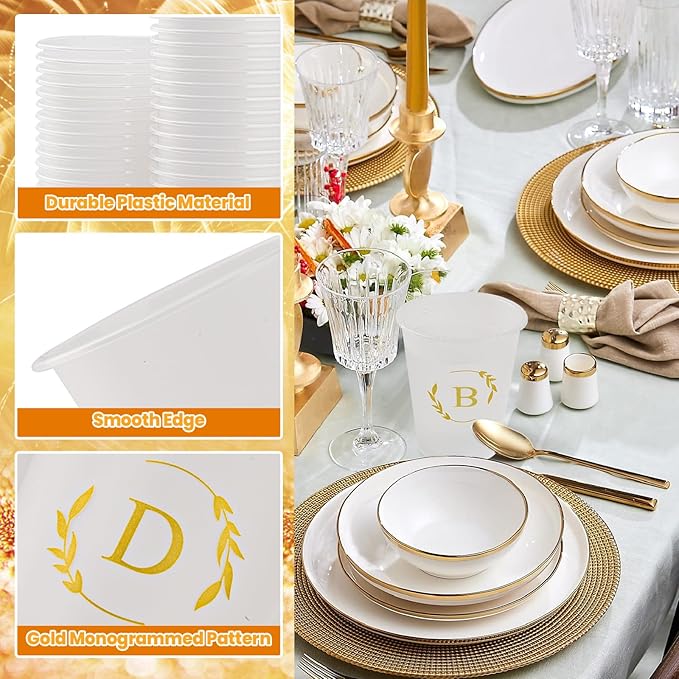 100 Monogrammed Cups Disposable Initial Plastic Cup 12 oz Wedding Personalized Cup for Wedding Reception Baby Shower Birthday Party(Letter T)