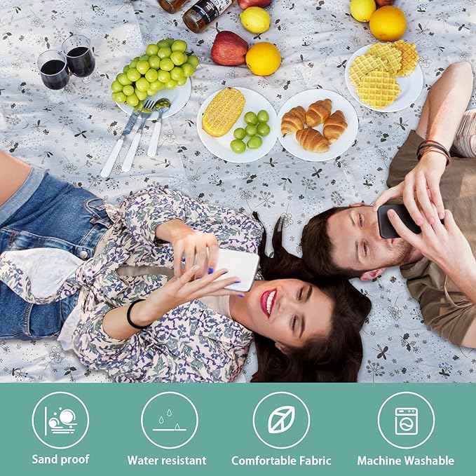 Large Picnic Blanket, Beach Mat Sand Free Washable, Waterproof Camping Emergency Blankets, Picnic Baskets Accessories with Waterproof Backing and Shoulder Strap - WhiteKapok