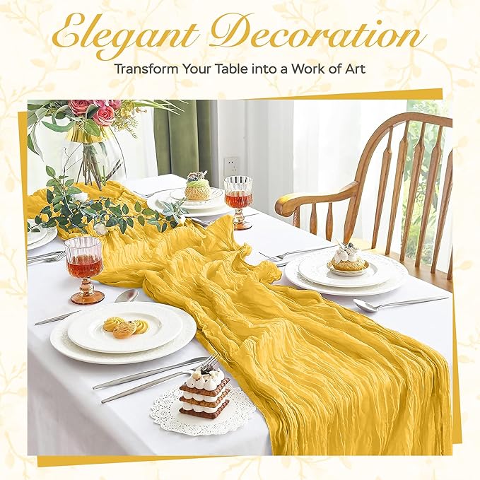 Cheesecloth Table Runner 3 Pack – 35x120 Inch (10ft) Boho Rustic Gauze Cloth Runners – Crinkle Polyester Table Decor for Wedding, Baby Shower, Bridal Shower, Birthday Party and More (Gold Yellow)