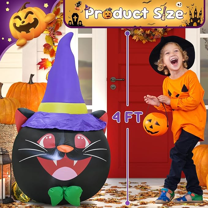 4FT Cat Head Halloween Inflatable Decoration Halloween Parties Holiday Decor Blow Up Decorations with LED Lights Indoor Outdoor Yard Graden Decor