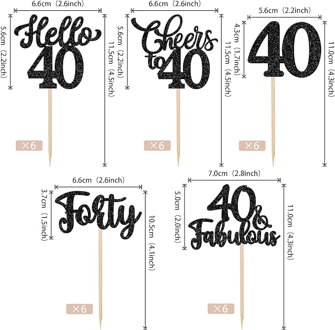 30PCS Happy 40th Birthday Cupcake Toppers Glitter Hello 40 Fabulous Forty Cheers to 40 Years Old Birthday Cupcake Picks for Happy 40th Birthday Anniversary Party Cake Decorations Supplies Black
