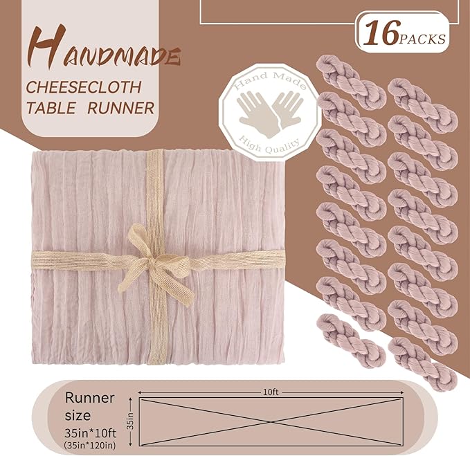 16 Packs Cheesecloth Table Dusty Pink, 10Ft x 35" Gauze Boho Wedding Table Runner Decoration, Wedding Table Decor Table Cloth for Wedding Party Bridal Shower Table