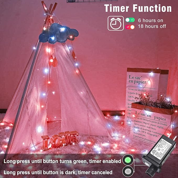 66FT 200 LED Christmas Lights Outdoor, Plug in Christmas String Lights Indoor, Waterproof & 8 Modes & Timer Function, Connectable Fairy Twinkle Light for Tree Garden Xmas Decor, Red White