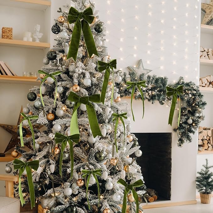 Yilloog 3/8'' 1'' 2'' 90 Yards Christmas Velvet Ribbon Vintage Satin Fabric Velvet Ribbon Roll for Christmas Tree Ornaments Decoration Gift Wrapping Bow DIY Crafts (Olive Green)