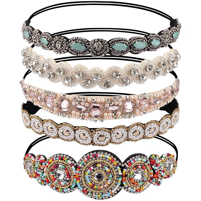 AMCAMI 5Pcs Rhinestone Beaded Headbands for Women Elastic Head Wraps Handmade Crystal Bling Hairbands for Girls Vintage Hair Accessories Party Daily Headwear (C)