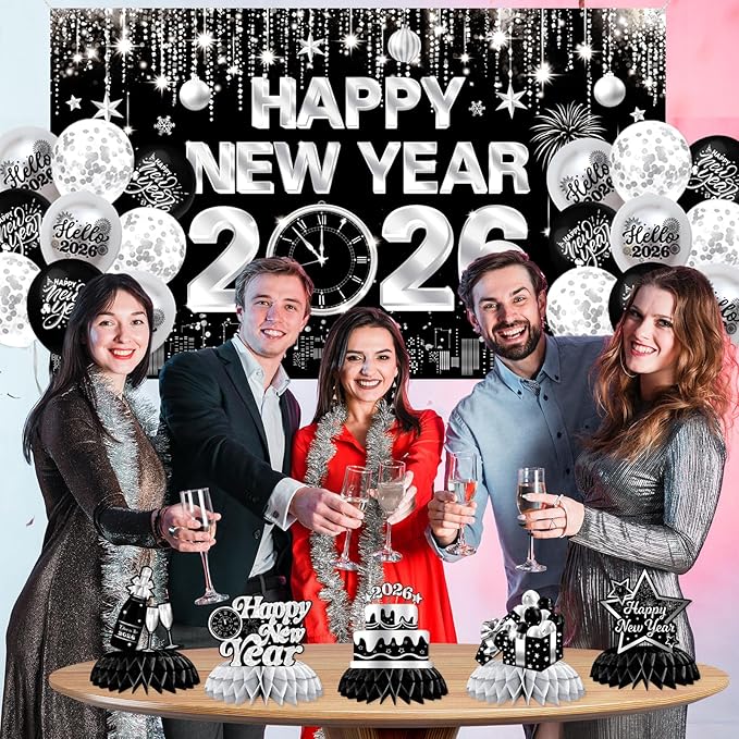 New Years Decorations 2026,Happy New Years Eve Party Supplies Black and Silver Nye Party Decorations With Backdrop Door Banner Hanging Swirls Honeycomb Balloon