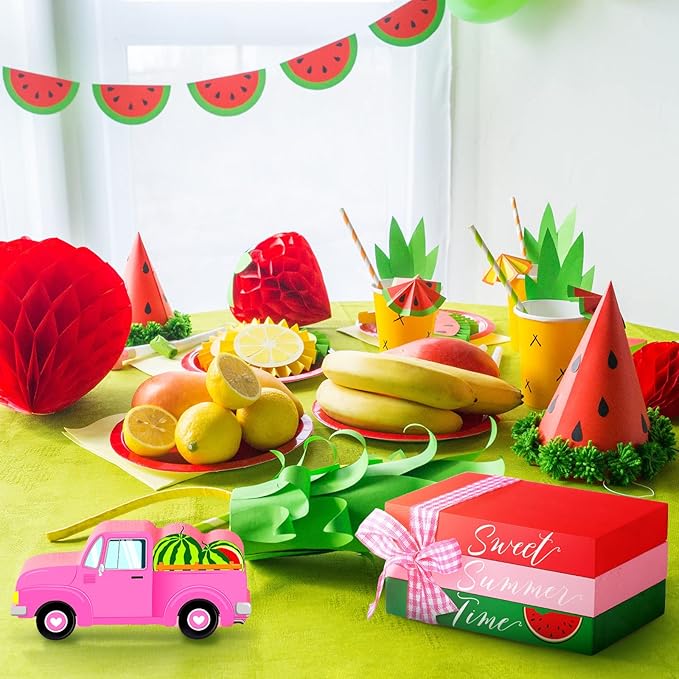 Chunful 4 Pcs Watermelon Tiered Tray Decor Mini Summer Decor Summer Table Decorations Wooden Decorative Books Stack for Home Kitchen Party Shelf Farmhouse Accessories(Watermelon)