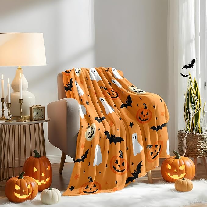Halloween Flannel Throw Blanket – Ghost, Bat & Pumpkin Pattern – Orange Festive Blanket for Couch or Bed, W50 x L70in