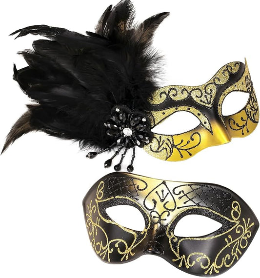 Glod Masquerade Mask for Couples - Women's Mask with Feathers & Venetian Masks for Men - Party, Mardi Gras, Halloween, Cosplay, Prom, Christmas